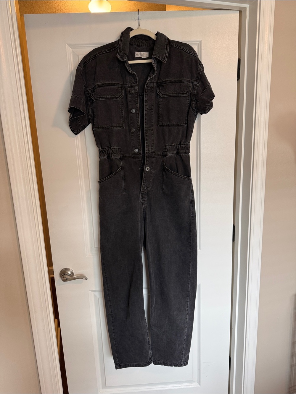 Free People Washed Black Short-Sleeve Denim Jumpsuit